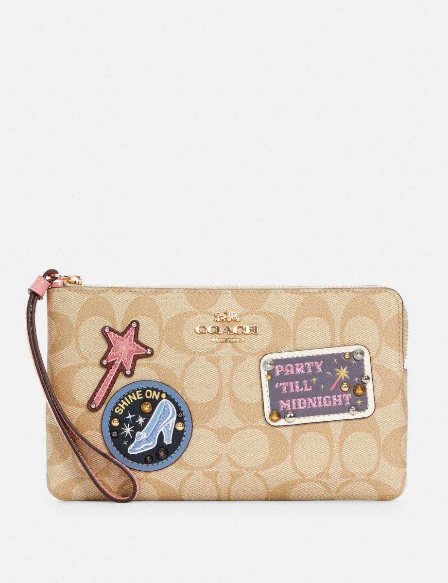 Coach C3358 Disney X Coach Large Corner Zip Wristlet In Signature Canvas With Patches Light Khaki Multi Coach C3358 Disney X Coach Large Corner Zip Wristlet In Signature Canvas With Patches Light Khaki Multi